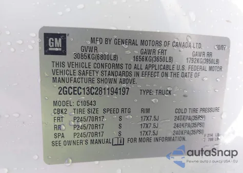 2008 Chevrolet Silverado 1500 Ls z USA, uszkodzony, nr VIN 2GCEC13C281194197